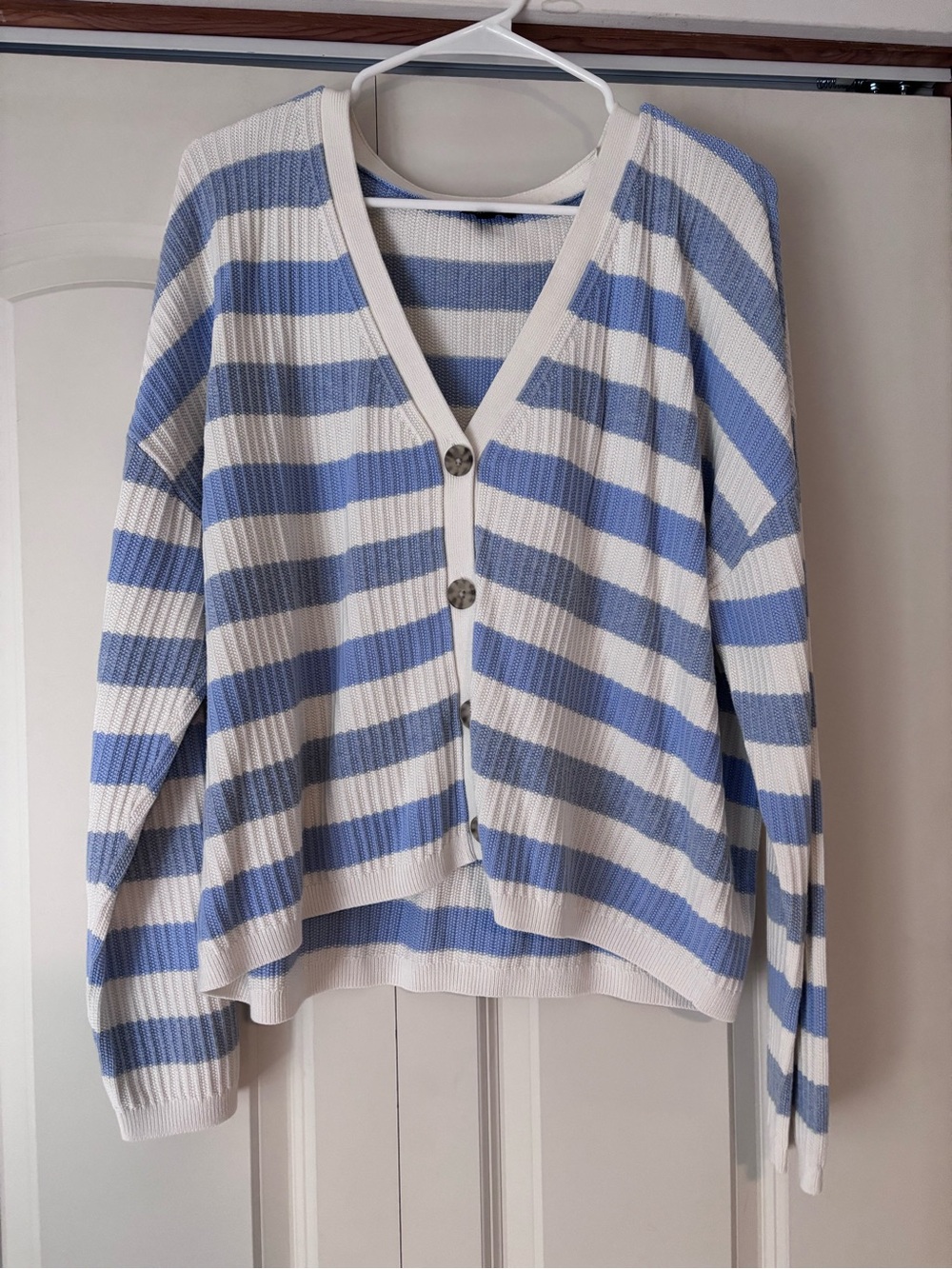 Talbots Blue and White Striped V‑Neck Button Cardigan